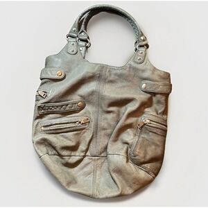 Liebeskind Berlin Gray Leather Hobo Bucket Shoulder Bag Silver Zipper Hardware